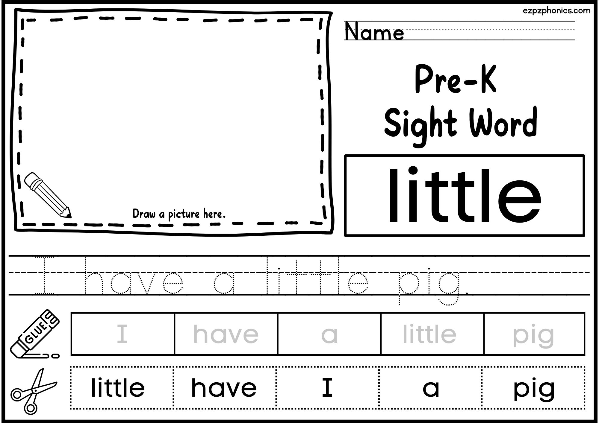 Little Dolch Sight Word Activity. Draw, Color, Cut and Paste, and Word Tracing.